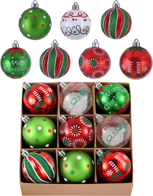 Valery Madelyn Christmas Tree Ornaments Set, 9ct Elf Red Green White Shatterproof Christmas Tree Decorations Bulk, 2.36 Inch Decorative Hanging Ball Ornaments for Xmas Trees Holiday Party Decor
