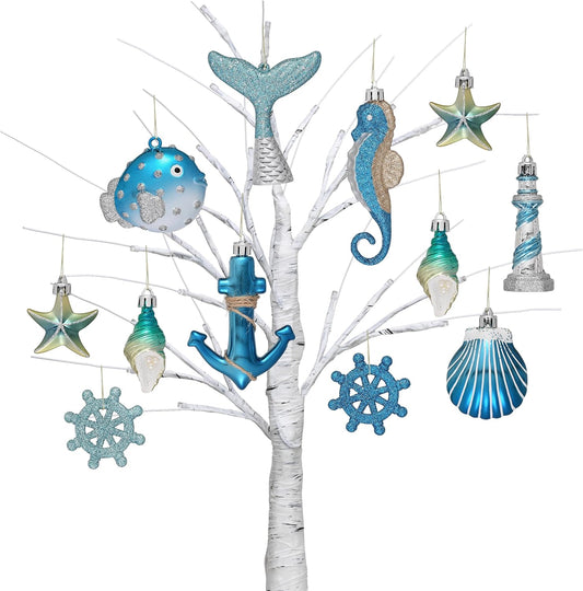 Valery Madelyn Summer Christmas in July Decorations Hanging Ornaments for Small Tree, 12ct Shatterproof Seashell Starfish Beach Ocean Coastal Nautical Marine Christmas Balls Bulk for Party Home Decor