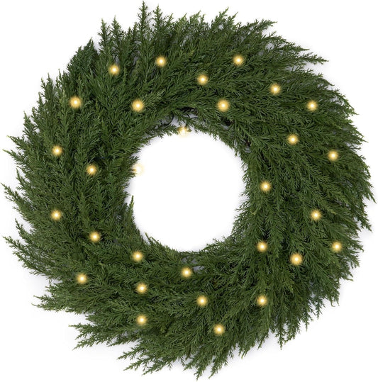 Valery Madelyn Real Tough Norfolk Pine Wreath for Front Door, 20'' Outdoor Christmas Wreath with Lights, Artificial Fake Pine Needles Wreath for Home Wall Window Porch Fireplace Winter Holiday Decor