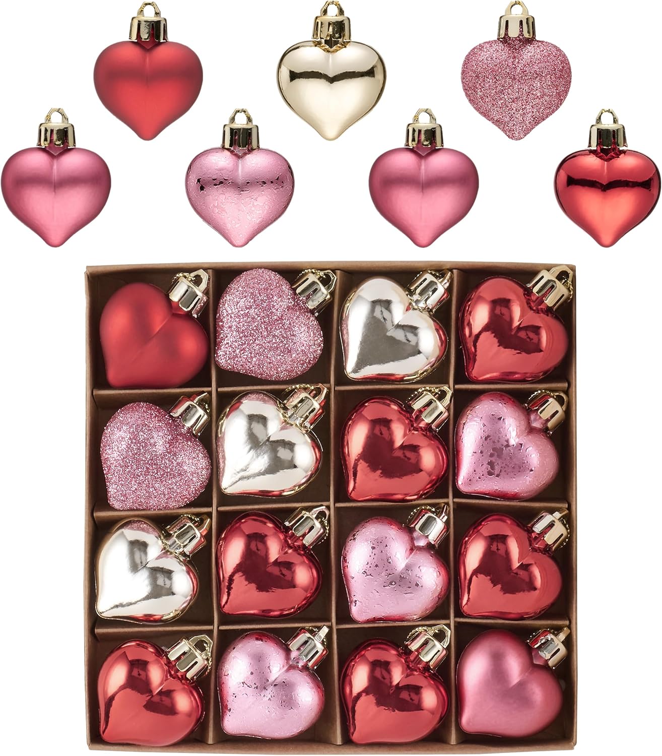 Valery Madelyn 16Pcs Valentine's Day Heart Shaped Ornaments Gift Pack, Christmas Craft Heart Decorations, Red Pink Gold Christmas Baubles Hanging Party Wedding Decor