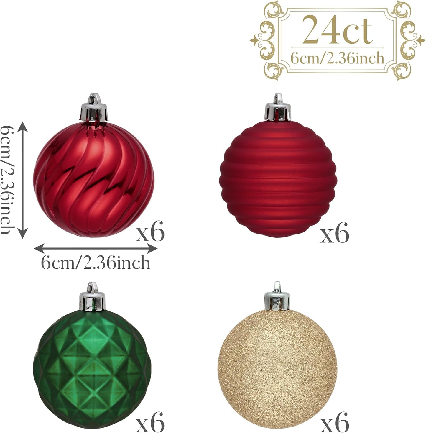 Valery Madelyn Christmas Ornaments Tree Decorations Set, 24ct Red Green Gold Shatterproof Ball Ornaments, 2.36" Hanging Ornament Bulk for Xmas Holiday Party Decor
