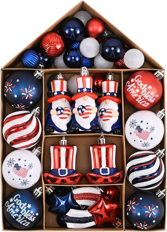 Valery Madelyn Patriotic Ornaments for Memorial Day 4th of July Tree Decorations, 50ct Large Red White Blue Shatterproof Americana Gnome for Labor Independence Day Christmas Hanging Ball Decor