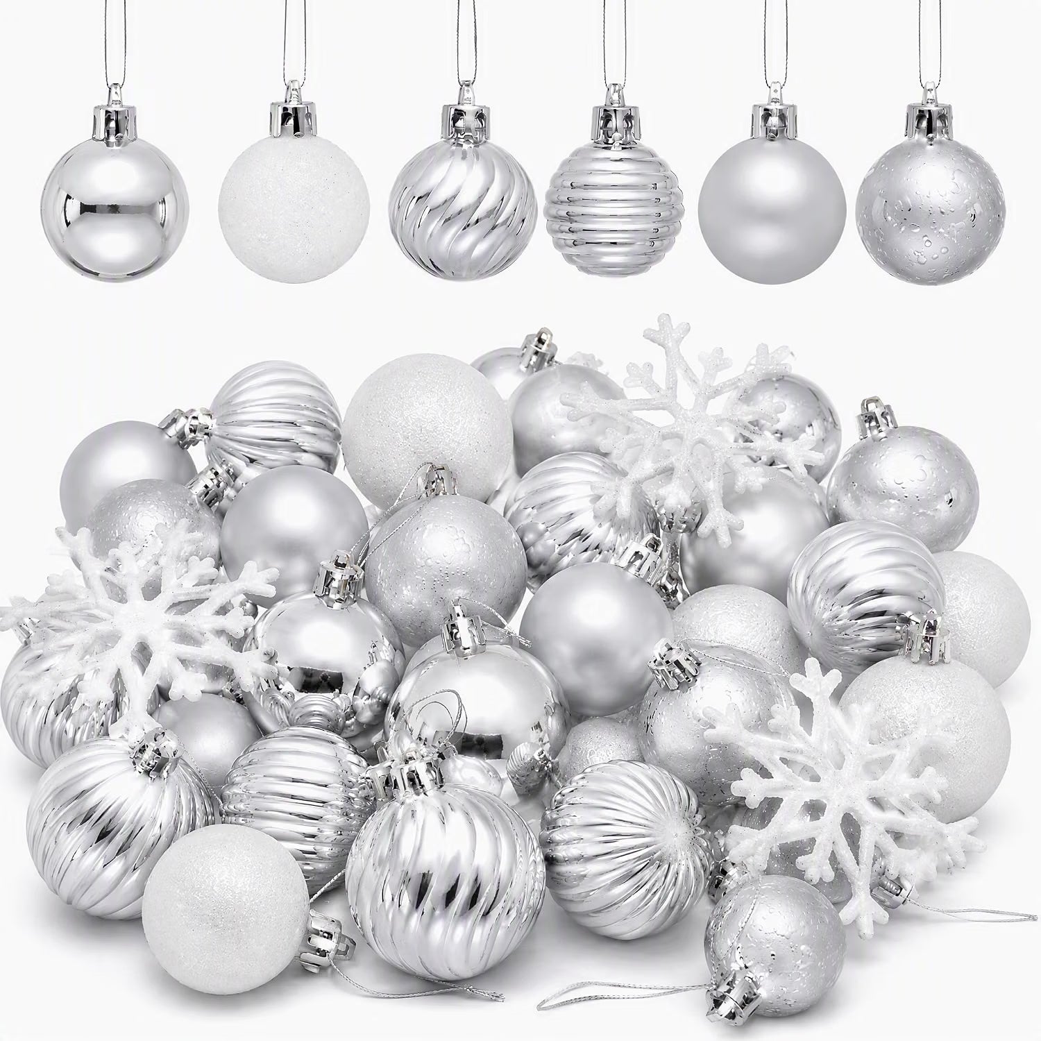Valery Madelyn 36ct Mini Christmas Ball Ornaments Tree Decorations Set 1.18" White and Silver Shatterproof Hanging Ornaments Bulk for Fall Thanksgiving Autumn Xmas Holiday Party Decor
