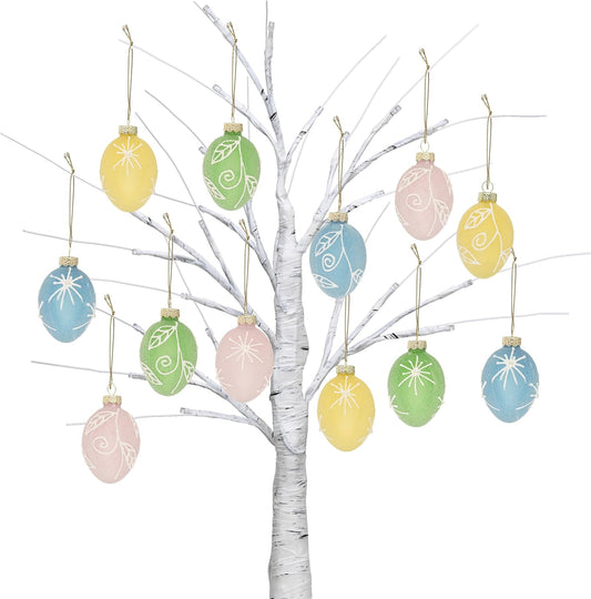 Valery Madelyn 12Pcs Glass Easter Egg Ornaments, 2.36" Semi-Translucent Sugared Finish with 3D Hand-Painted Raised Patterns Easter Tree Decorations, Pastel Hanging Baubles for Small Tree Spring Decor