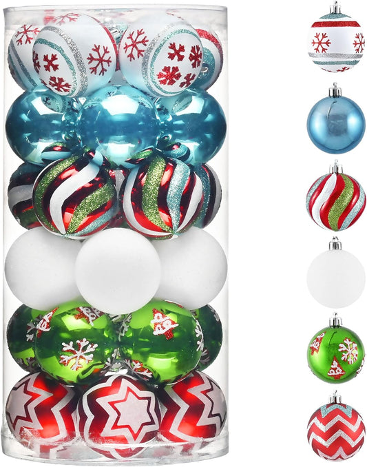 Valery Madelyn Christmas Ornaments Tree Decorations, 30ct Colorful Red Green Blue Shatterproof Christmas Ball Ornaments Set, 2 Inch Decorative Hanging Ornament Bulk for Xmas Holiday Party Decor