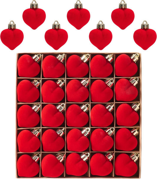 Valery Madelyn 1.57 Inches Small Red Christmas Heart Ornaments Set for Valentines Day Tree Decorations, 25ct Velvet Red Shatterproof Christmas Valentines Hanging Ball Decor