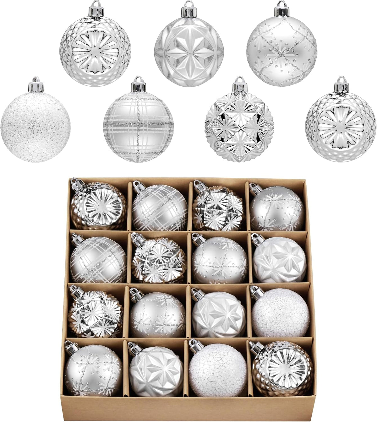 Valery Madelyn 16ct Christmas Tree Decorations Ball Ornaments 2 Inches White and Silver Shatterproof Christmas Tree Decorations, Luxury Hanging Ornaments for Xmas Holiday Party Decor