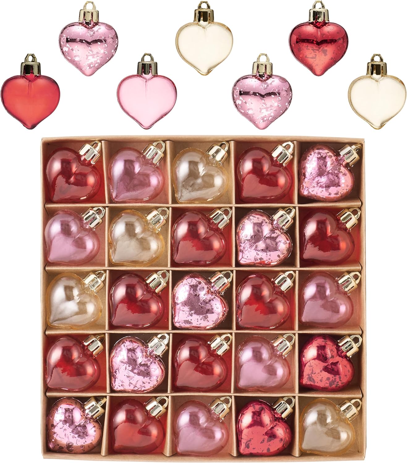 Valery Madelyn Pink Christmas Heart Ornaments Set for Valentines Day Tree Decorations, 25ct 1.57 Inches Clear Transparent Pink Red Gold Shatterproof Christmas Valentines Hanging Ball Ornaments Decor