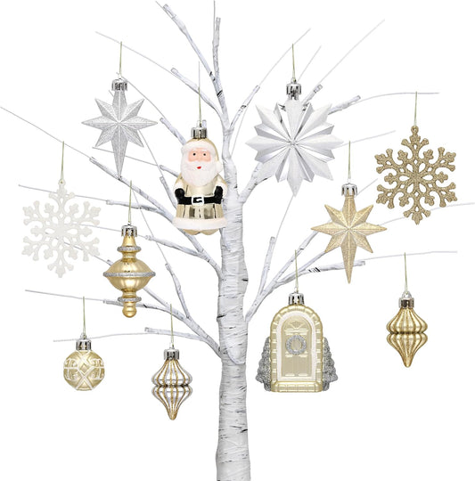 Valery Madelyn Christmas Ornaments Set, 12ct White and Gold Shatterproof Christmas Tree Decorations Variety Ball Ornaments Bulk, Whimsical Hanging Ornaments for Xmas Holiday Party Decor