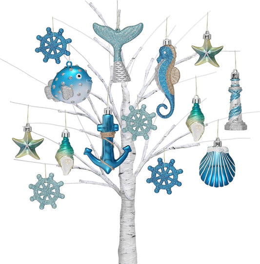 Valery Madelyn Summer Christmas in July Decorations Hanging Ornaments for Small Tree, 20ct Shatterproof Seashell Starfish Beach Ocean Coastal Nautical Marine Christmas Balls Bulk for Party Home Decor