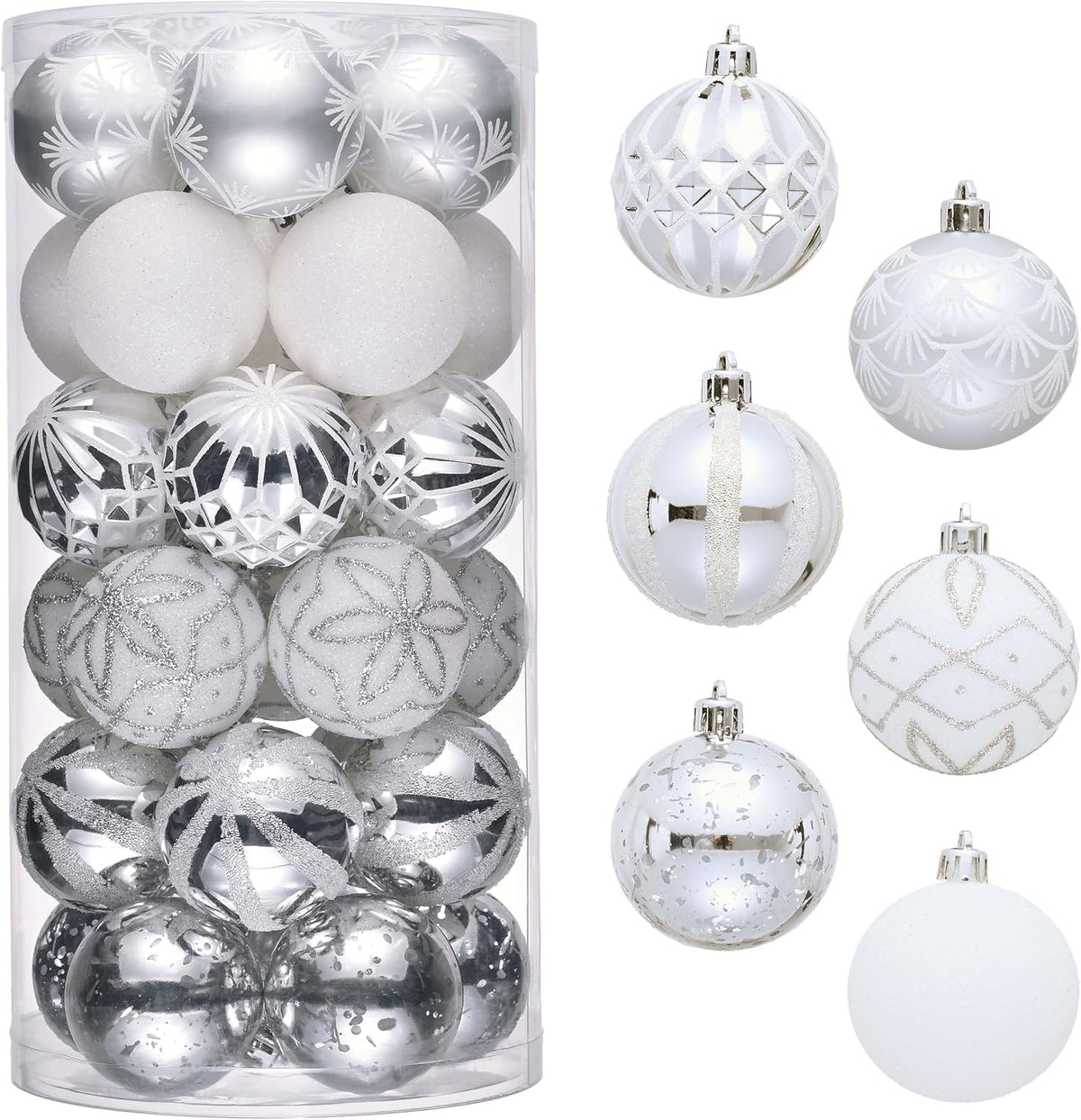 Valery Madelyn 30ct Christmas Tree Decorations Ball Ornaments 2.36 Inches White and Silver Shatterproof Christmas Decorations Set, Elegant Hanging Ornaments for Xmas Holiday Party Decor