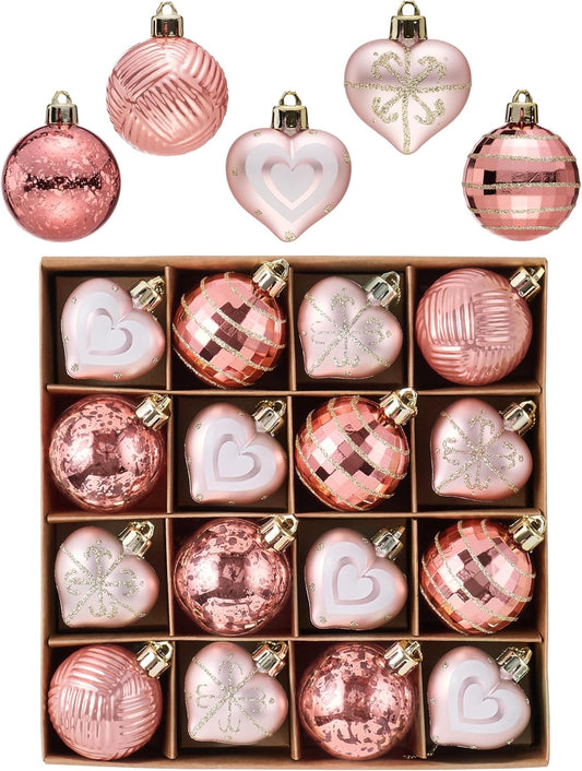 Valery Madelyn 1.96 Inches Pink Christmas Ornaments Set for Valentines Day Heart Tree Decorations, 16ct Pink Rose and Gold Shatterproof Christmas Valentines Ball Ornaments Hanging Holiday Party Decor