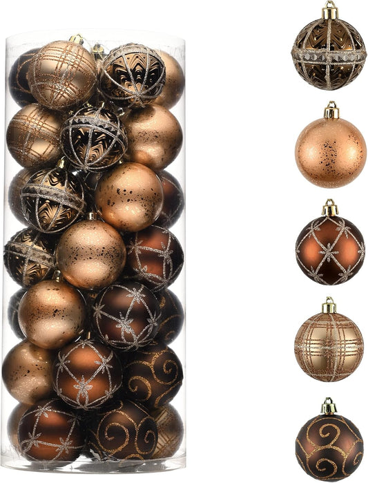 Valery Madelyn Christmas Ornaments Set for Fall Decor, 35ct 2 Inches Brown Copper Gold Shatterproof Christmas Tree Decorations, Luxury Hanging Ball Ornaments Bulk for Thanksgiving Autumn Harvest