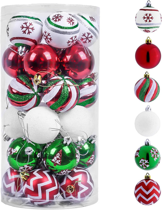 Valery Madelyn Christmas Ornaments Tree Decorations, 30ct Red Green White Shatterproof Christmas Ball Ornaments Set, 2 Inch Decorative Hanging Ornament Bulk for Xmas Holiday Party Decor