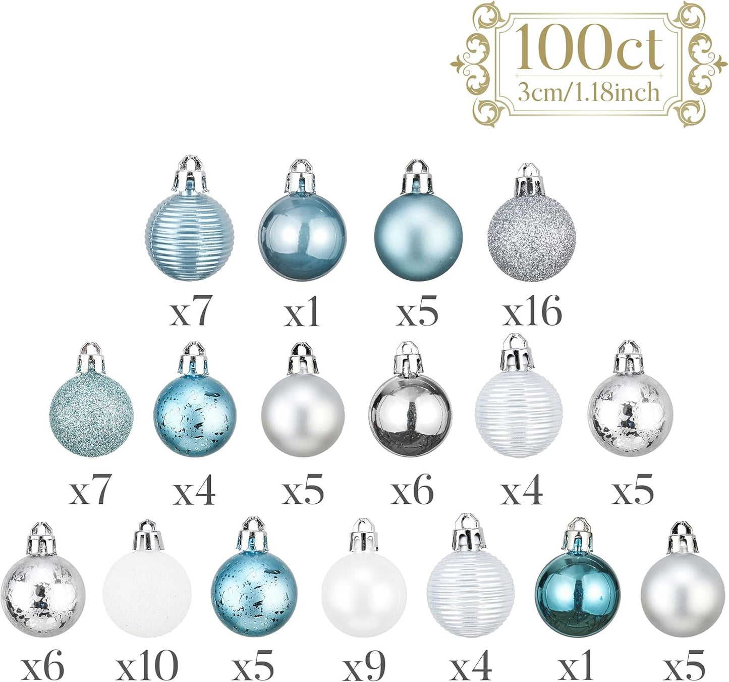 Valery Madelyn 100ct Mini Christmas Ornaments Tree Decorations Set, 1.18 Inches Light Blue Silver Shatterproof Summer Beach Coastal Ocean Nautical Marine Hanging Balls Bulk for Holiday Decor