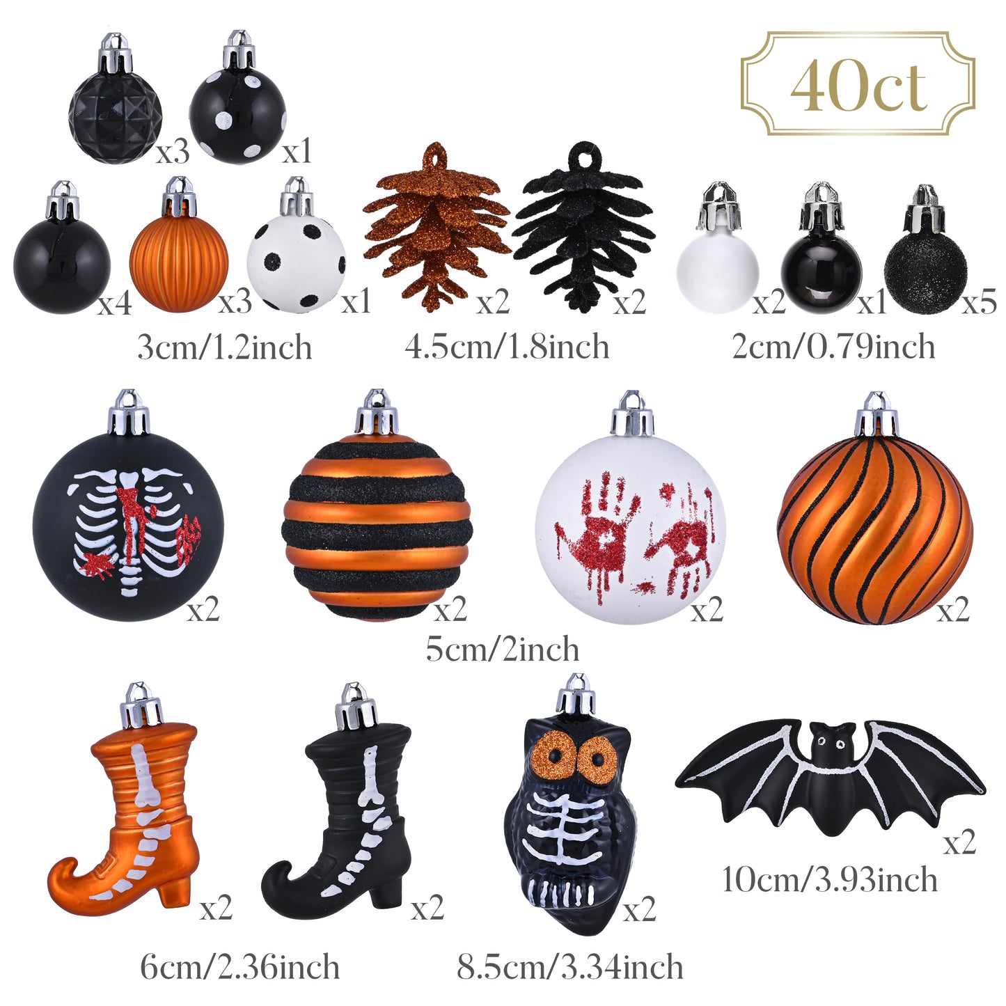 Valery Madelyn 40ct Variety Halloween Ornaments, Shatterproof Skeleton Owl Bat Hanging Balls for Small Tree