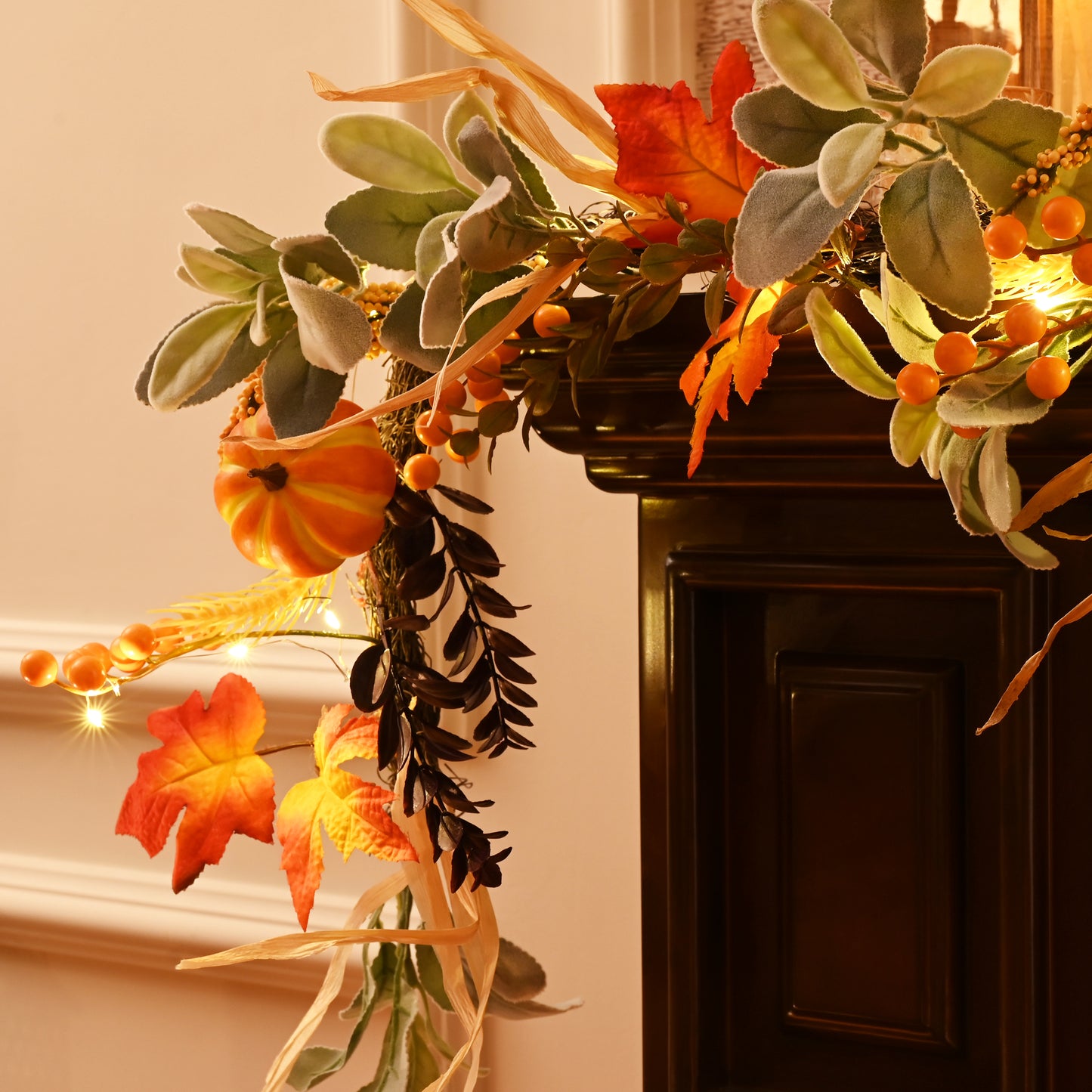 Valery Madelyn 6ft Lighted Fall Garland, Silk Pumpkin & Maple Leaves for Mantel Table Fireplace Decor