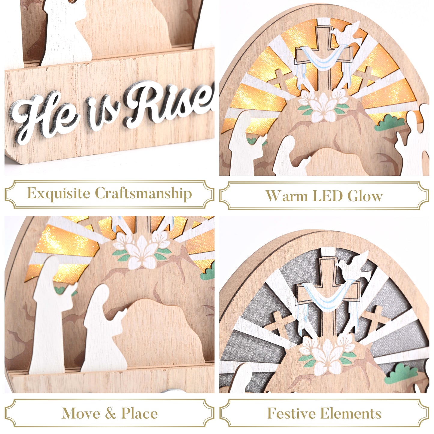 Valery Madelyn Easter Decorations, Empty Tomb Scene and Cross Decoration with LED Light, Wooden Christian Easter Decor Resurrection Scene for Home Livingroom Bedroom Office Table Shelf, 6.3 inch