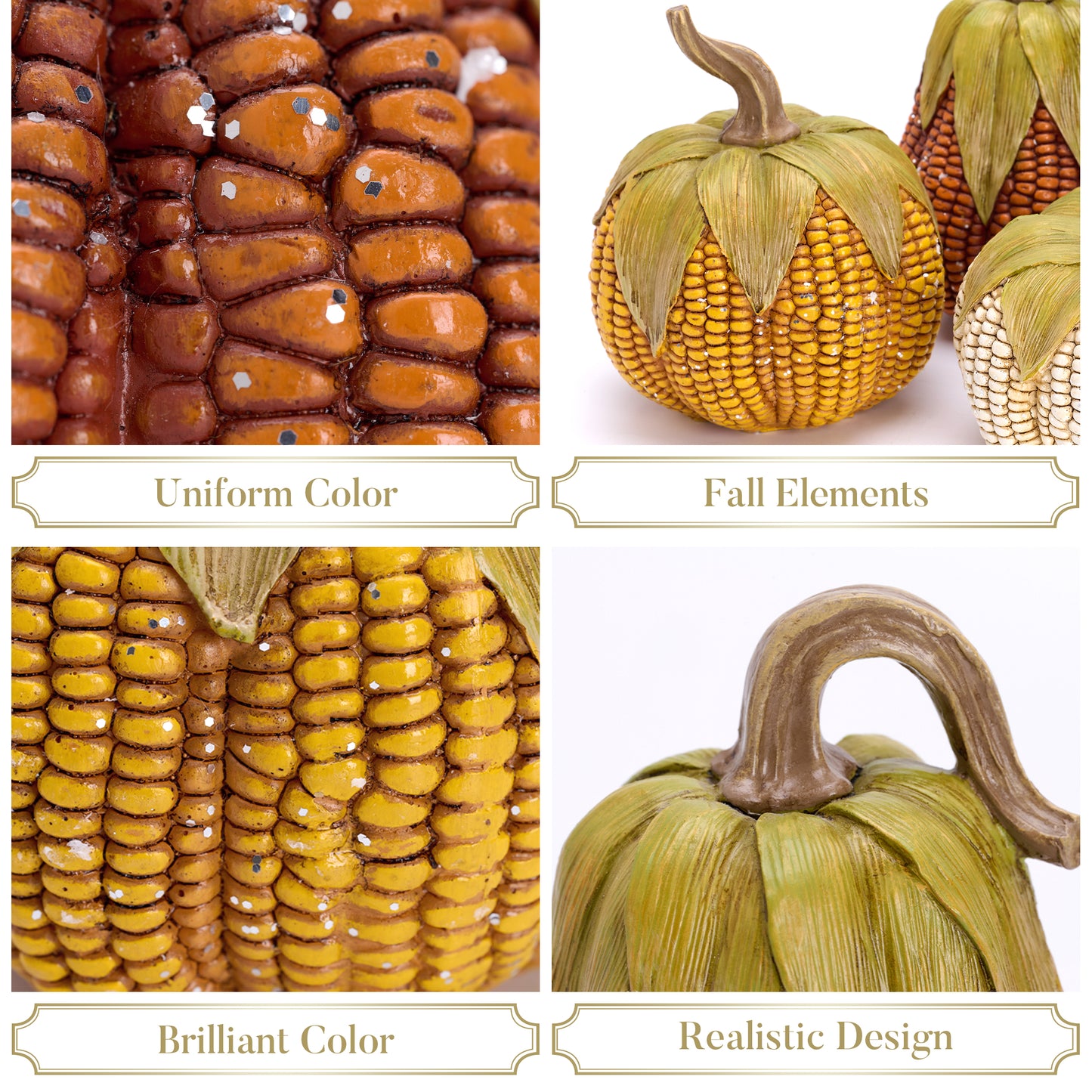 Valery Madelyn 3Pcs Fall Pumpkin Set, 6.3" Resin Artificial Corn Figurines for Table Centerpiece Thanksgiving Decor