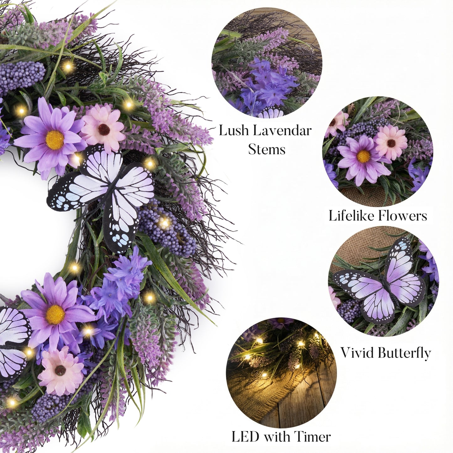 Valery Madelyn Summer Lavender Wreaths for Front Door with Lights, Artificial Spring Floral Wreath with Purple Bellflower Berries Butterfly for Fall Home Porch Window Party Wedding Wall Decor-18''