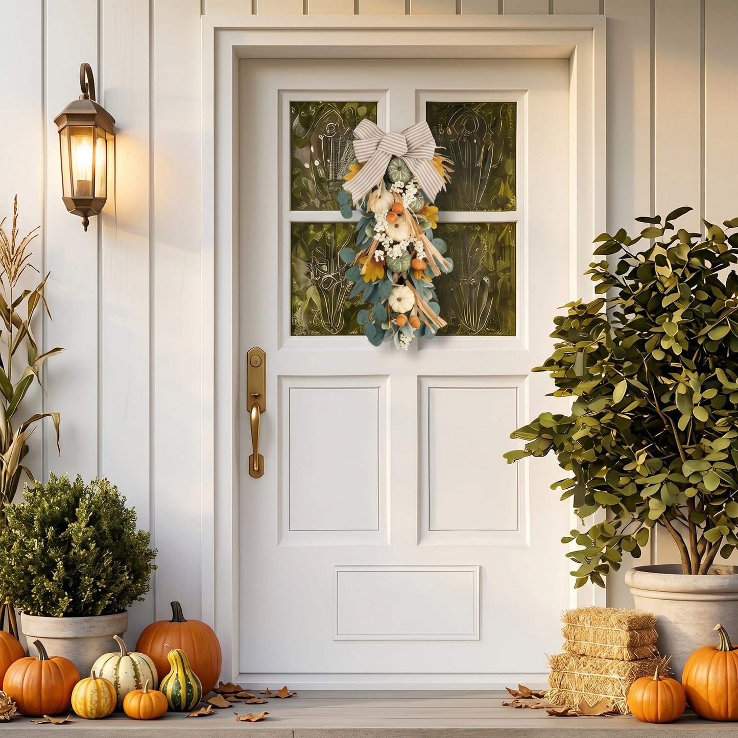 Valery Madelyn 24 inch Fall Pumpkin Teardrop Swag Autumn Harvest Door Hanger with Green & White Mini Pumpkins, Eucalyptus, Raffia, Berries and Striped Bow for Front Door Thanksgiving Table Centerpiece