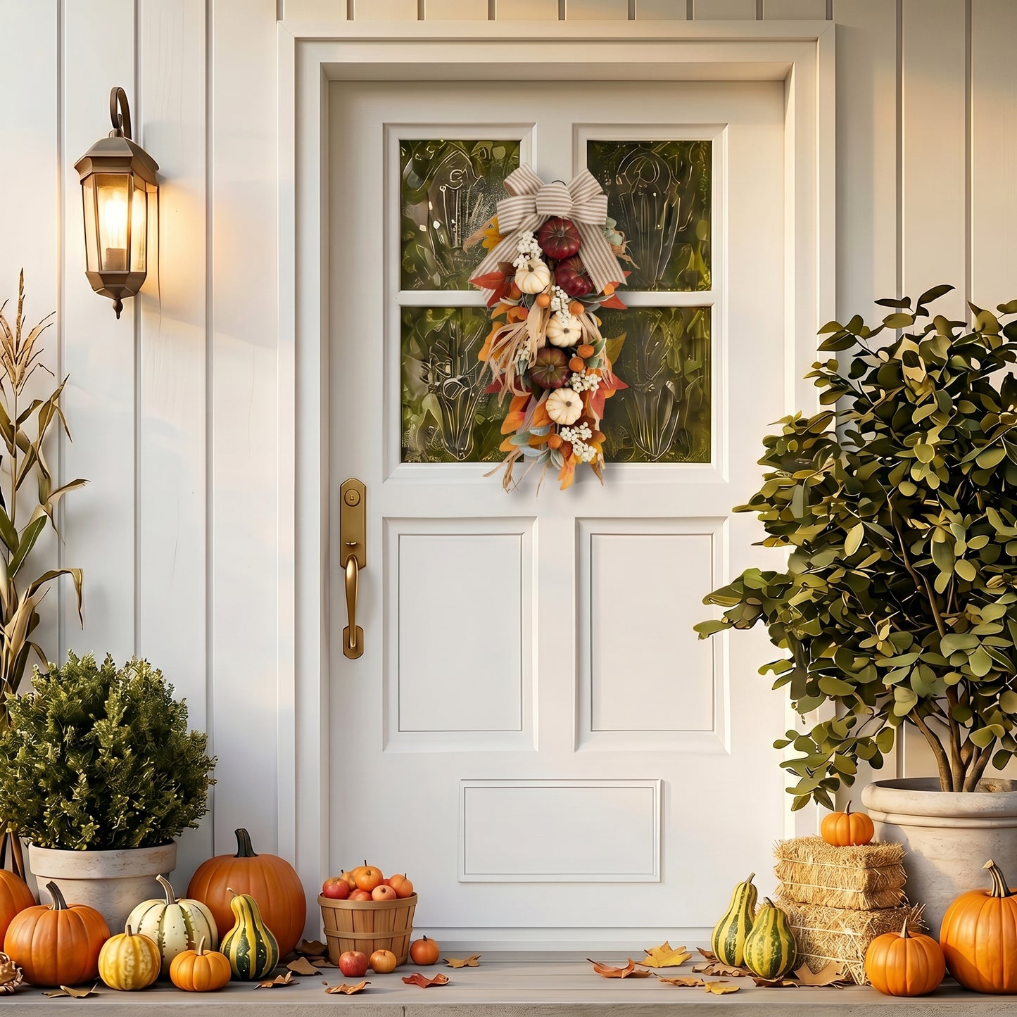 Valery Madelyn 24 inch Fall Pumpkin Teardrop Swag Autumn Harvest Door Hanger with Striped Bow, Mini Pumpkins, Eucalyptus, Raffia & Berry Sprays for Front Door, Mantel Thanksgiving Table Centerpiece