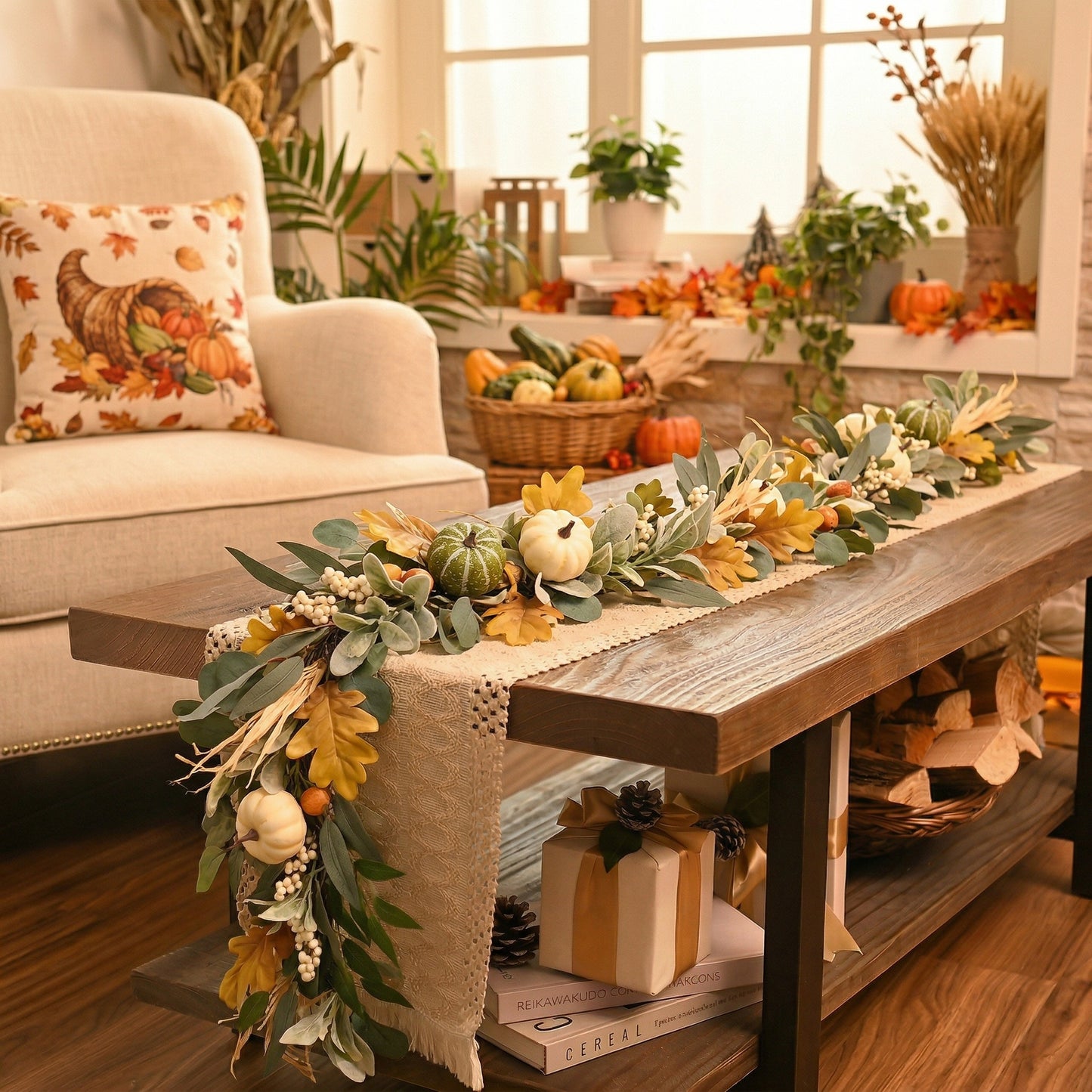 Valery Madelyn Fall Garland for Mantle, 9ft Lambs Ear Leaves Garland with Lights White Pumpkins Thanksgiving Table Centerpiece, Fall Autumn Decorations for Home Porch Fireplace Outdoor Halloween Decor