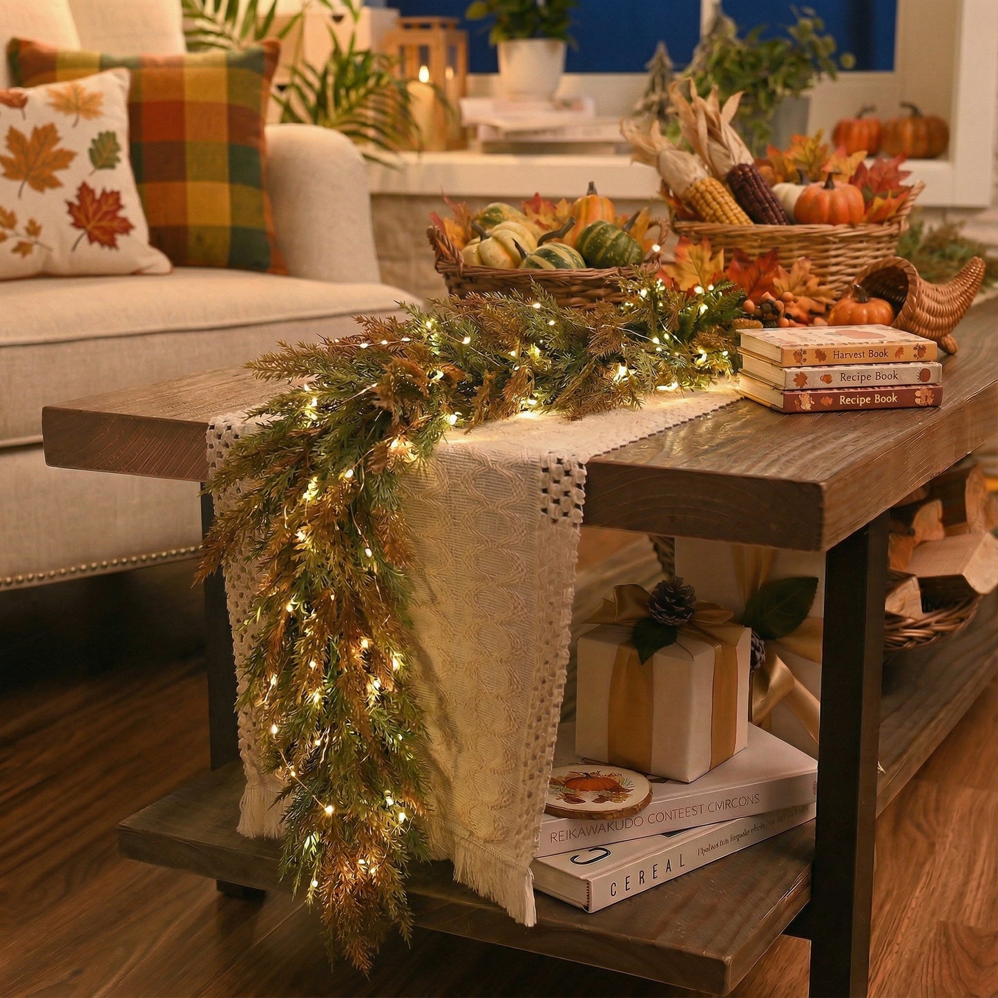 Valery Madelyn 6 Ft Artificial Norfolk Pine Garland for Mantle, Real Tough Fall Cedar Garland with Light, Lighted Autumn Pine Branches for Home Stairs Fireplace Table Indoor Outdoor Holiday Decor