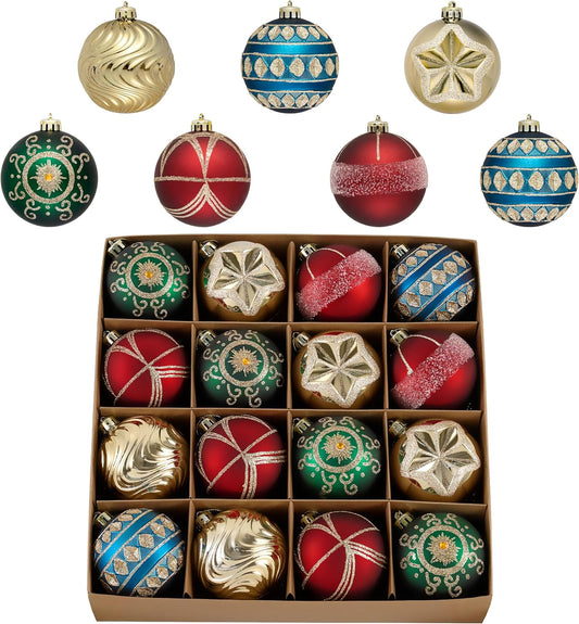 Valery Madelyn Ornaments for Christmas Tree Decorations, 16ct 3.15 Inches Red Green Blue and Gold Shatterproof Christmas Ornaments Set Bulk, Luxury Hanging Decor for Xmas Party Holiday