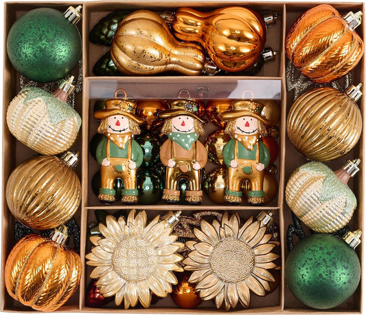 Valery Madelyn Fall Ornaments Tree Decorations for Home, 70ct Scarecrow Shatterproof Fall Ornaments for Small Tree, Orange Green Hanging Thanksgiving Autumn Harvest Christmas Ball Pumpkin Decor