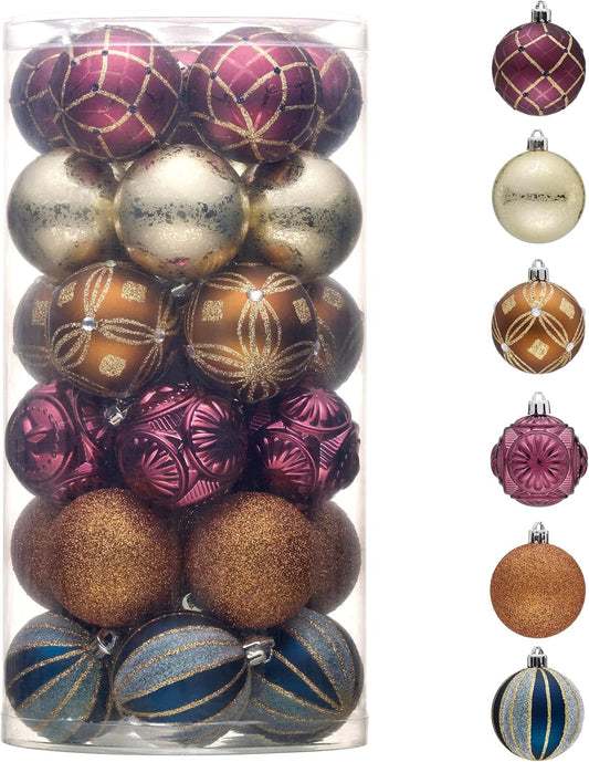 Valery Madelyn Christmas Tree Ornaments, 30ct 2.36 Inches Bronze Copper Gold and Purple Shatterproof Christmas Tree Decorations, Luxury Hanging Ball Ornaments Bulk for Xmas Holiday Party Decor
