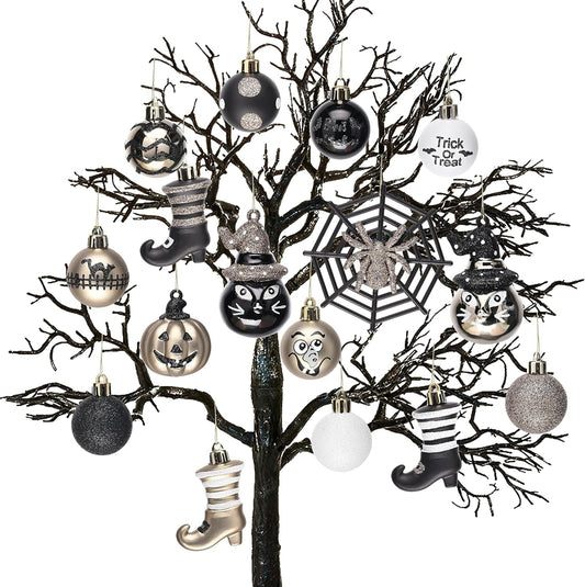 Valery Madelyn Halloween Ornaments Tree Decorations, 24ct Shatterproof Black Cats Jack-o'-Lantern Pumpkin Vintage Hanging Ball Ornaments Set for Small Tree, Cute Holiday Party Indoor Home Decor