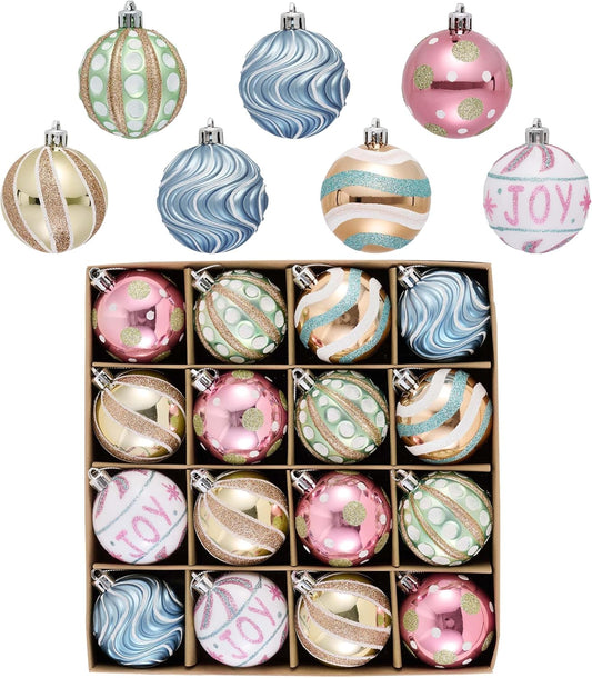 Valery Madelyn Christmas Ornaments Set, 16ct Colorful Macaron Pastel Shatterproof Christmas Tree Decorations Ball Ornaments Bulk, 2.36 Inch Hanging Ornaments for Xmas Trees Holiday Party Decor