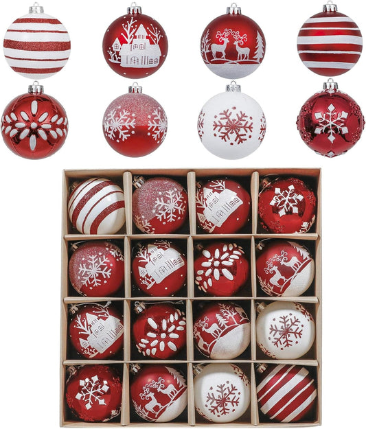 Valery Madelyn Christmas Ornaments Tree Decorations Set, 16ct Red and White Shatterproof Christmas Ball Ornaments Bulk, 2.36 Inch Traditional Hanging Ornaments for Xmas Trees Holiday Party Decor