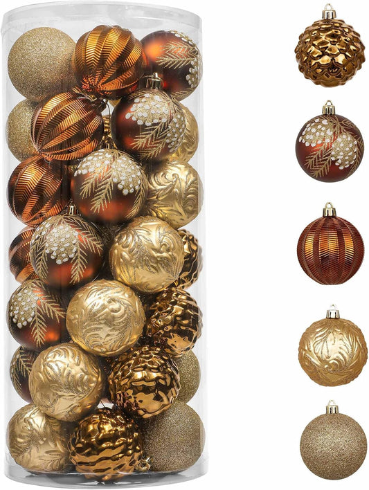 Valery Madelyn Christmas Ornaments Set for Fall Decor, 35ct 2 Inches Brown Copper Gold Shatterproof Christmas Tree Decorations, Woodland Bronze Hanging Ball Bulk for Thanksgiving Autumn Harvest