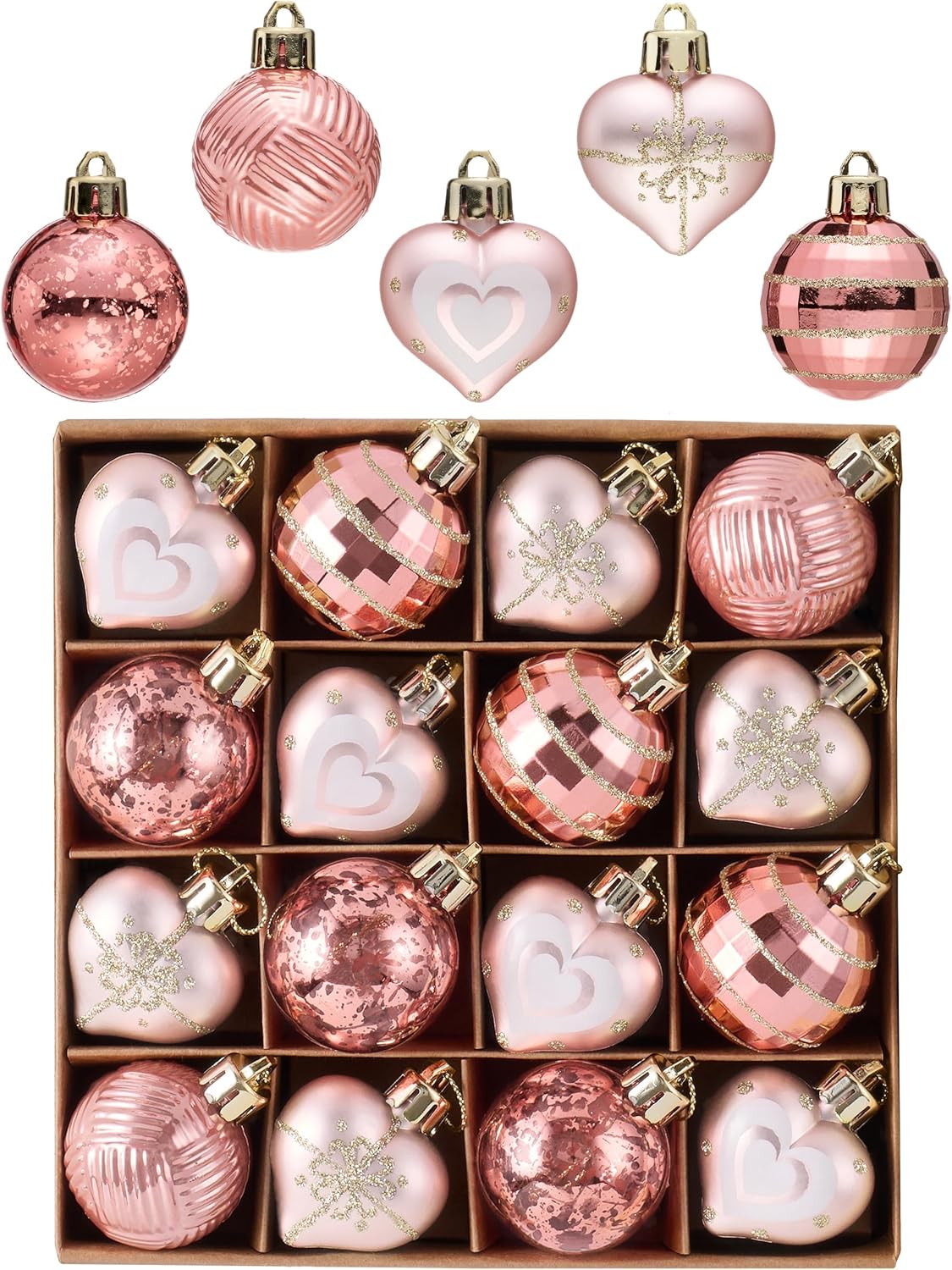 Valery Madelyn 1.57 Inches Pink Christmas Ornaments Set for Valentines Day Heart Tree Decorations, 16ct Pink Rose and Gold Shatterproof Christmas Valentines Ball Ornaments Hanging Holiday Party Decor