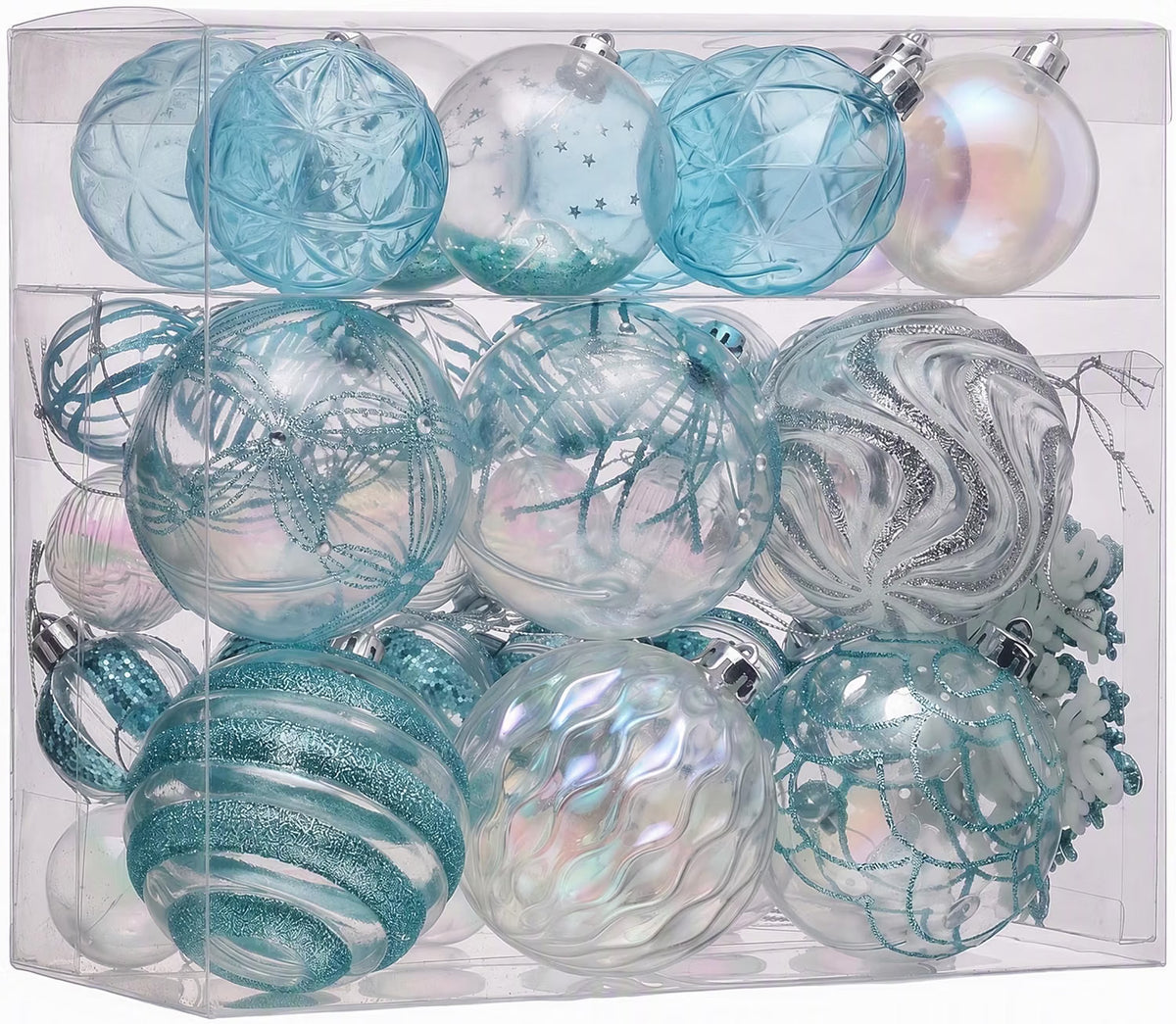 Valery Madelyn 25ct Christmas Ball Ornaments Tree Decorations Set Transparent Clear Light Blue Silver Shatterproof Hanging Ornaments, Variety Xmas Tree Bulk Indoor Holiday Party Decor