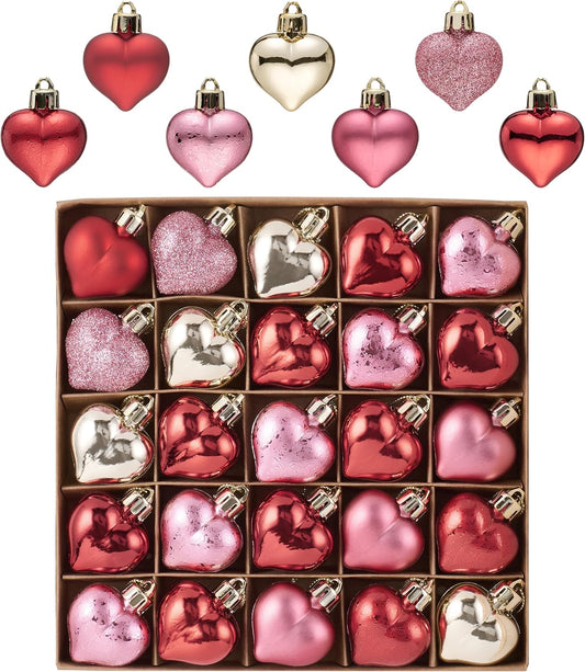 Valery Madelyn Pink Christmas Heart Ornaments Set for Valentines Day Tree Decorations, 25ct 1.57 Inches Pink Red Gold Shatterproof Christmas Valentines Hanging Ball Ornaments Decor