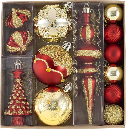Valery Madelyn Ornaments for Christmas Trees, 35ct Red and Gold Shatterproof Christmas Tree Decorations, Luxury Hanging Ball Ornaments Bulk for Xmas Holiday Party Decor