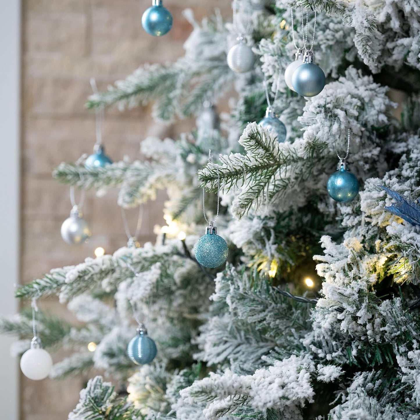 Valery Madelyn 100ct Mini Christmas Ornaments Tree Decorations Set, 1.18 Inches Light Blue Silver Shatterproof Summer Beach Coastal Ocean Nautical Marine Hanging Balls Bulk for Holiday Decor