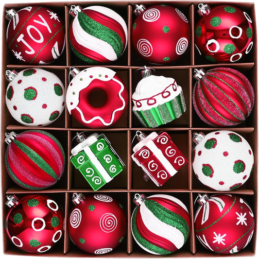 Valery Madelyn Christmas Tree Ornaments Set, 16ct Candy Cane Red Green White Shatterproof Christmas Tree Decorations Bulk, 2.36 Inch Decorative Hanging Ball Ornament for Xmas Trees Holiday Decor
