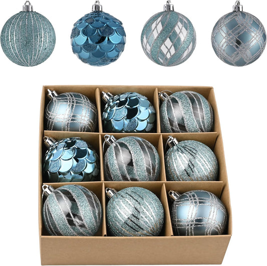 Valery Madelyn Christmas Ornaments Tree Decorations Set, 9ct Light Blue and Silver Shatterproof Christmas Balls Bulk, 2.76 Inches Summer Beach Coastal Ocean Nautical Marine Hanging Xmas Holiday Decor