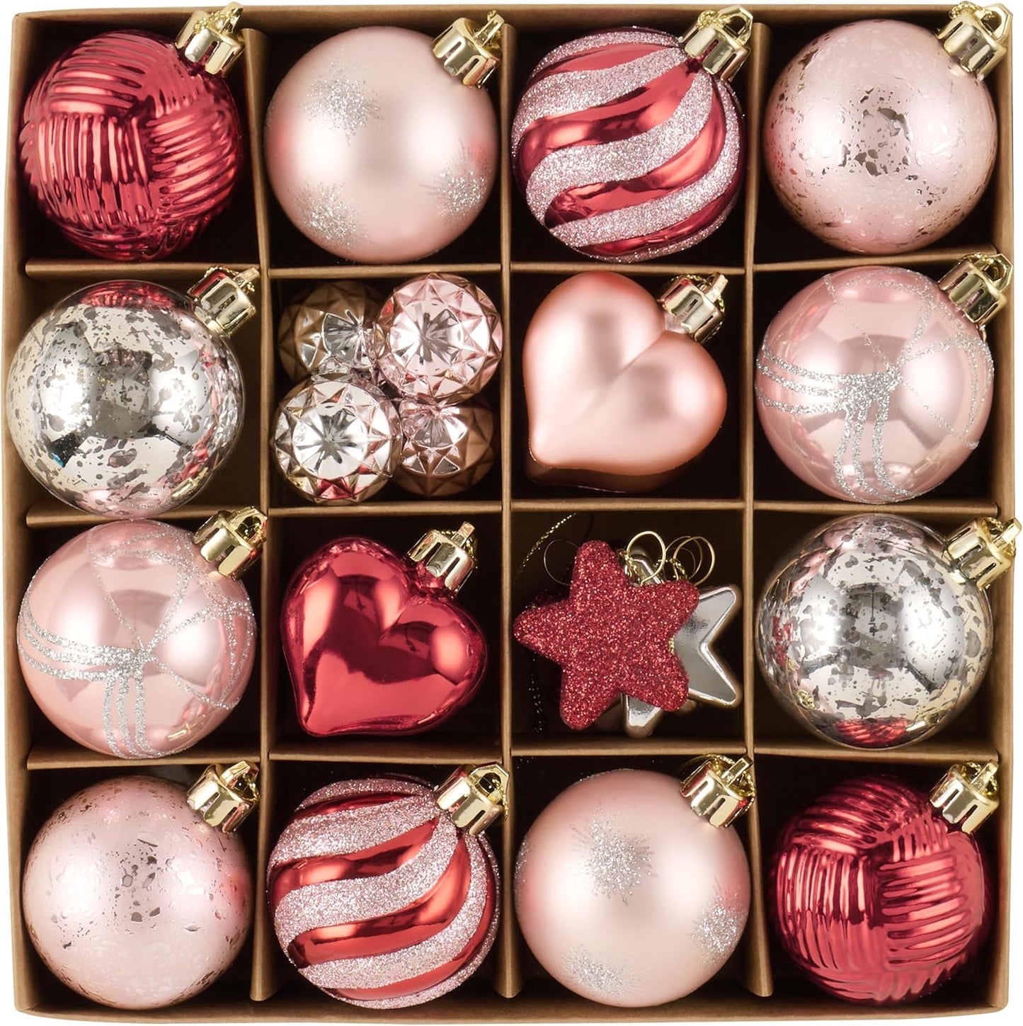 Valery Madelyn Christmas Tree Decorations Ornaments Set, 28ct Pink Red and Silver Shatterproof Christmas Ball Ornaments Hanging Decor for Valentines Day, Mardi Gras, St Patricks Day