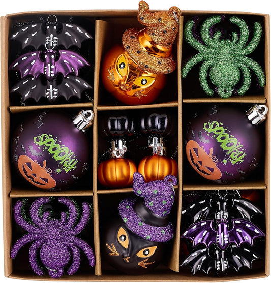 Valery Madelyn 50ct Halloween Ornaments Tree Decorations, Shatterproof Cats Jack-o'-Lantern Pumpkin Vintage Decorative Hanging Ball Ornaments Set for Small Tree, Cute Holiday Party Indoor Home Decor
