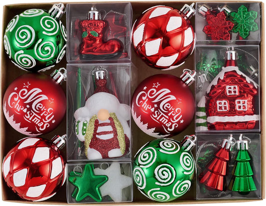 Valery Madelyn Christmas Ornaments Set, 50ct Red Green White Shatterproof Christmas Tree Decorations Variety Ball Ornaments Bulk, Whimsical Hanging Ornaments for Xmas Holiday Party Decor