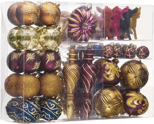 Valery Madelyn Ornaments for Christmas Trees, 108ct Copper Purple Blue Shatterproof Christmas Tree Decorations, Luxury Hanging Ball Ornaments Bulk for Xmas Holiday Decor