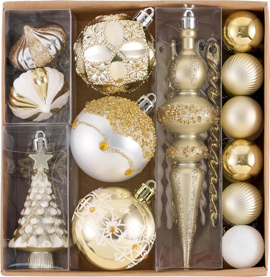 Valery Madelyn Ornaments for Christmas Trees, 35ct White and Gold Shatterproof Christmas Tree Decorations, Luxury Hanging Ball Ornaments Bulk for Xmas Holiday Party Decor