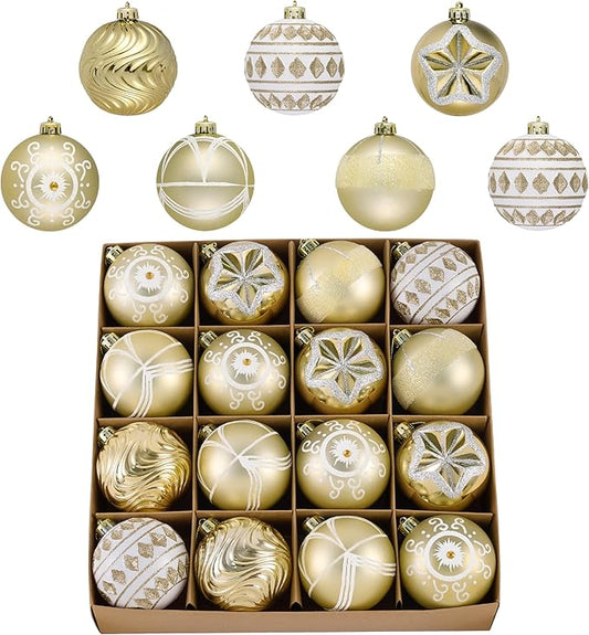 Valery Madelyn Ornaments for Christmas Tree Decorations, 16ct 3.15 Inches White and Gold Shatterproof Christmas Ornaments Set Bulk, Luxury Hanging Decor for Xmas Party Holiday