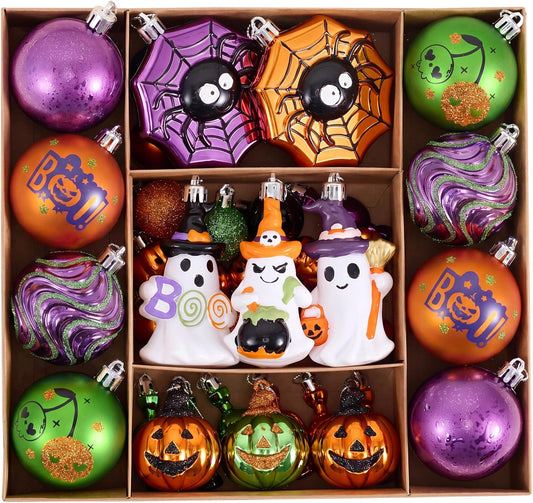 Valery Madelyn 45ct Halloween Ornaments Tree Decorations, Shatterproof Ghosts Jack-o'-Lantern Pumpkins Spiders Vintage Hanging Ball Ornaments Set for Small Tree, Cute Holiday Party Indoor Home Decor