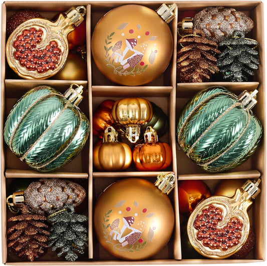 Valery Madelyn Fall Ornaments Tree Decorations for Home, 35ct Shatterproof Fall Ornaments for Small Tree, Orange Green Hanging Thanksgiving Autumn Christmas Ball Pumpkin Decor for Harvest Holiday